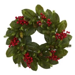 24" Magnolia Leaf, Berry & Pine Artificial Wreath 9 24" Magnolia Leaf, Berry & Pine Artificial Wreath -Northlight Shop D251362S 11 1