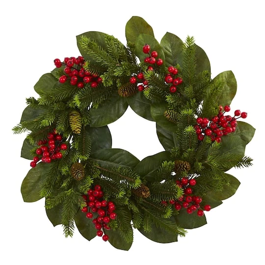 24" Magnolia Leaf, Berry & Pine Artificial Wreath 3 24" Magnolia Leaf, Berry & Pine Artificial Wreath