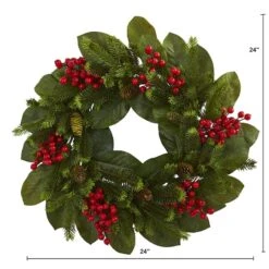 24" Magnolia Leaf, Berry & Pine Artificial Wreath 10 24" Magnolia Leaf, Berry & Pine Artificial Wreath -Northlight Shop D251362S 12