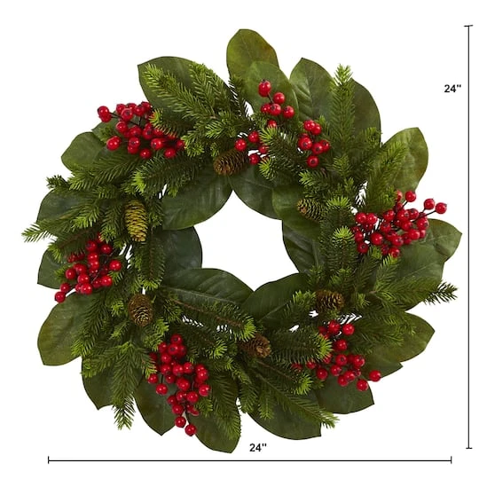24" Magnolia Leaf, Berry & Pine Artificial Wreath 5 24" Magnolia Leaf, Berry & Pine Artificial Wreath - Image 3