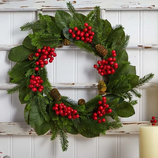 24" Magnolia Leaf, Berry & Pine Artificial Wreath 8 24" Magnolia Leaf, Berry & Pine Artificial Wreath - Image 6