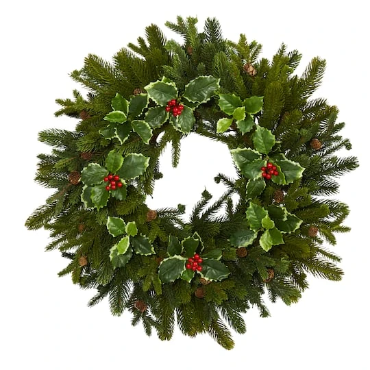 22" Pinecone & Holly Leaf Artificial Wreath 3 22" Pinecone & Holly Leaf Artificial Wreath