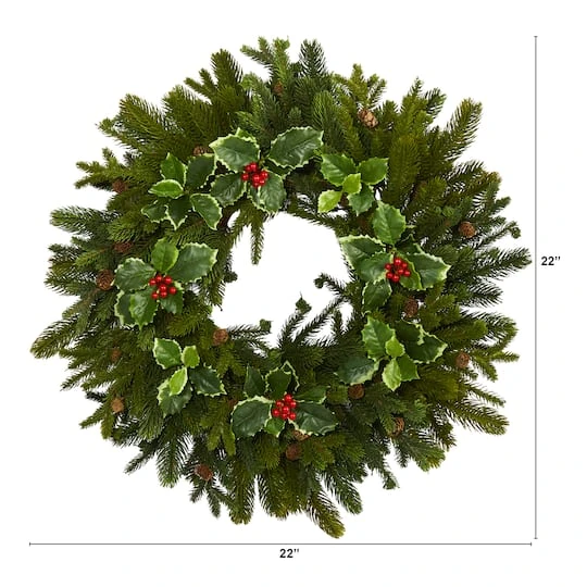22" Pinecone & Holly Leaf Artificial Wreath 6 22" Pinecone & Holly Leaf Artificial Wreath - Image 4