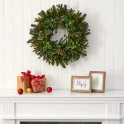 22" Pinecone & Holly Leaf Artificial Wreath 8 22" Pinecone & Holly Leaf Artificial Wreath -Northlight Shop D251380S 3