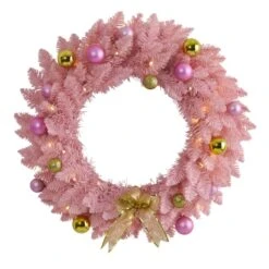24" LED Pink Artificial Christmas Wreath With Ornaments