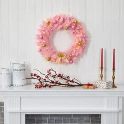 24" LED Pink Artificial Christmas Wreath With Ornaments -Northlight Shop D251392S 4