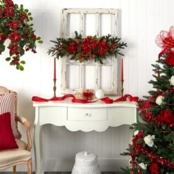 3ft. Red Poinsettia & Berry Centerpiece -Northlight Shop D252167S 15