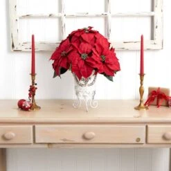 21" Potted Poinsettia With White Metal Planter 12 21" Potted Poinsettia With White Metal Planter -Northlight Shop D252177S 14