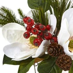 12" Magnolia, Pine & Berry Arrangement In Glass Vase -Northlight Shop D252180S 12