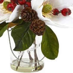 12" Magnolia, Pine & Berry Arrangement In Glass Vase -Northlight Shop D252180S 13