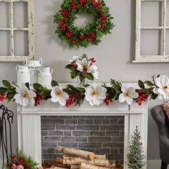 12" Magnolia, Pine & Berry Arrangement In Glass Vase -Northlight Shop D252180S 15