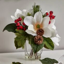 12" Magnolia, Pine & Berry Arrangement In Glass Vase -Northlight Shop D252180S 17