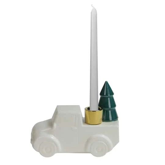 Northlight 5" White Ceramic Truck With Christmas Tree Taper Candlestick Holder 4 Northlight 5" White Ceramic Truck With Christmas Tree Taper Candlestick Holder - Image 2