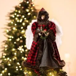 Glitzhome® 16" Red Plaid Faux Fur Angel Tree Topper -Northlight Shop D254165S 2