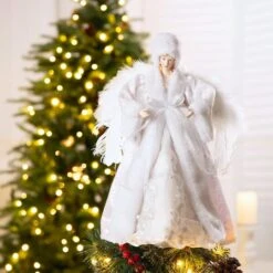Glitzhome® 16" White Faux Fur Christmas Angel Tree Topper -Northlight Shop D254172S 2