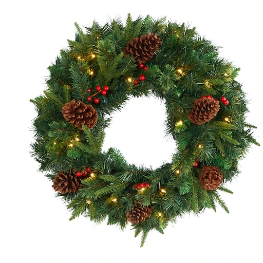 24" Clear LED Mixed Pine & Berries Christmas Wreath 4 24" Clear LED Mixed Pine & Berries Christmas Wreath - Image 2