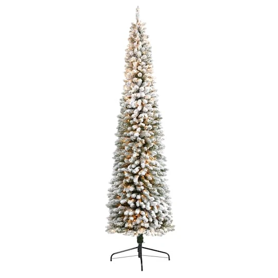 9ft. Pre-Lit Flocked Pencil Artificial Christmas Tree With Clear LED Lights 3 9ft. Pre-Lit Flocked Pencil Artificial Christmas Tree With Clear LED Lights