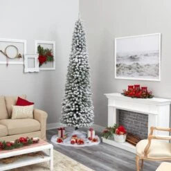 9ft. Pre-Lit Flocked Pencil Artificial Christmas Tree With Clear LED Lights 17 9ft. Pre-Lit Flocked Pencil Artificial Christmas Tree With Clear LED Lights -Northlight Shop D255815S 7