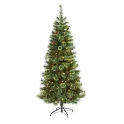 6ft. Pre-Lit White Mountain Pine & Pinecones Artificial Christmas Tree With Clear LED Lights