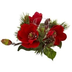 7" Red Magnolia & Pine Candelabrum 10 7" Red Magnolia & Pine Candelabrum -Northlight Shop D292859S 2