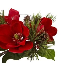 7" Red Magnolia & Pine Candelabrum 13 7" Red Magnolia & Pine Candelabrum -Northlight Shop D292859S 5