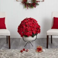 3ft. Red Grand Poinsettia Arrangement In White Vase With Metal Stand 13 3ft. Red Grand Poinsettia Arrangement In White Vase With Metal Stand -Northlight Shop D292863S 15
