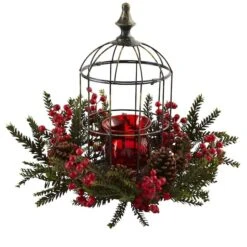 15" Pine & Berry Birdhouse Candelabrum