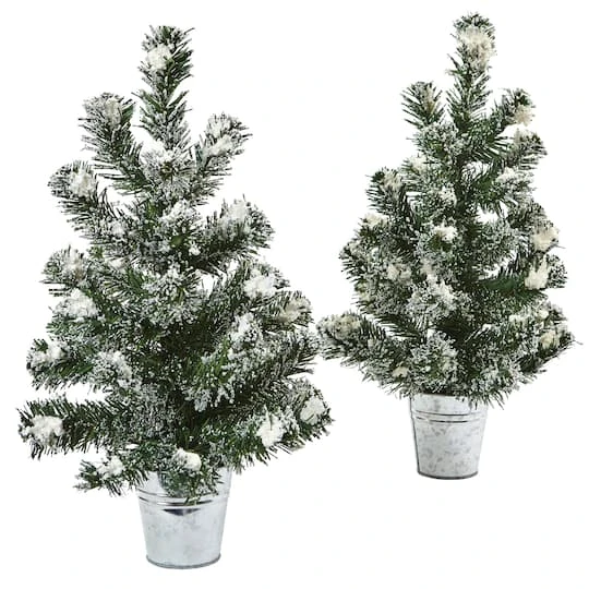 2 Pack 18" Unlit Snowy Mini Pine Artificial Christmas Trees With Tin Planters 4 2 Pack 18" Unlit Snowy Mini Pine Artificial Christmas Trees With Tin Planters - Image 2