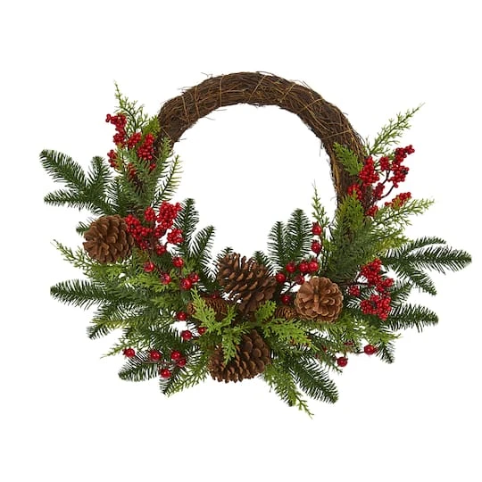 22" Mixed Pine With Berries & Pinecones Wreath 4 22" Mixed Pine With Berries & Pinecones Wreath - Image 2