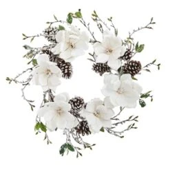 24" Snowed Magnolia & Pinecone Wreath