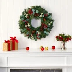 24" Eucalyptus & Pine Wreath With Berries And Pinecones 8 24" Eucalyptus & Pine Wreath With Berries And Pinecones -Northlight Shop D292943S 3