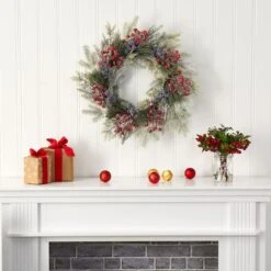 24" Pine & Cedar Wreath With Berries 8 24" Pine & Cedar Wreath With Berries -Northlight Shop D292958S 3