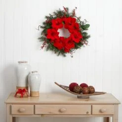 24" Red Amaryllis Wreath -Northlight Shop D293325S 12