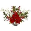 18" Red Poinsettia, Dogwood, Berry & Pine Artificial Arrangement In Silver Vase 2 18" Red Poinsettia, Dogwood, Berry & Pine Artificial Arrangement In Silver Vase -Northlight Shop D322258S 1