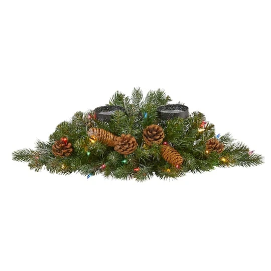 24" Pre-Lit Flocked & Glittered Pine & Pinecones Double Candelabrum 3 24" Pre-Lit Flocked & Glittered Pine & Pinecones Double Candelabrum - Image 2
