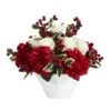 15" Rose, Hydrangea & Holly Berry Arrangement In White Vase 2 15" Rose, Hydrangea & Holly Berry Arrangement In White Vase -Northlight Shop D322367S 1
