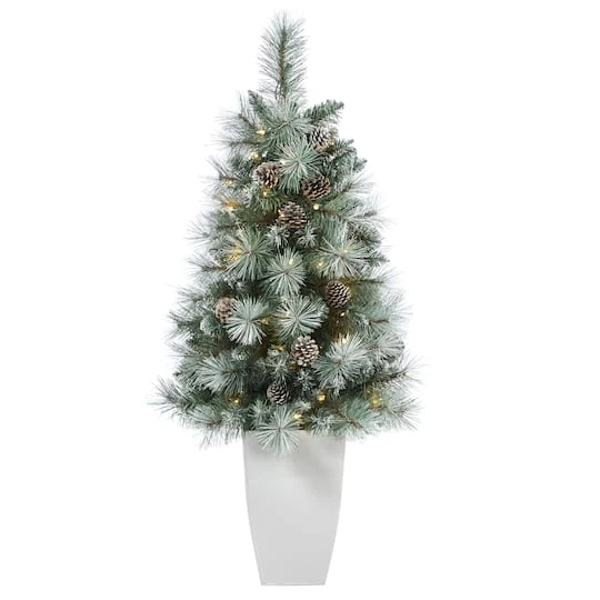 3.5ft. Pre-Lit Frosted British Columbia Mountain Pine Artificial Christmas Tree In White Planter, Clear Lights 4 3.5ft. Pre-Lit Frosted British Columbia Mountain Pine Artificial Christmas Tree In White Planter, Clear Lights - Image 2