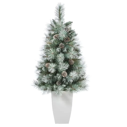 3.5ft. Pre-Lit Frosted British Columbia Mountain Pine Artificial Christmas Tree In White Planter, Clear Lights 6 3.5ft. Pre-Lit Frosted British Columbia Mountain Pine Artificial Christmas Tree In White Planter, Clear Lights - Image 4
