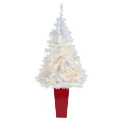 4.5ft. Pre-Lit White Artificial Christmas Tree In Red Planter, Clear LED Lights