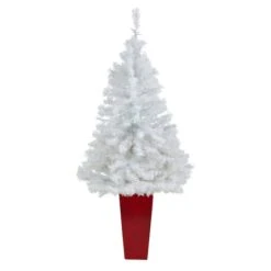 4.5ft. Pre-Lit White Artificial Christmas Tree In Red Planter, Clear LED Lights -Northlight Shop D322680S 3