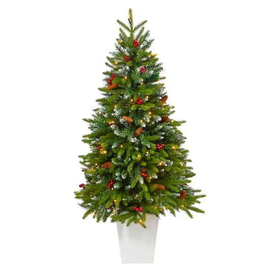 4.5ft. Pre-Lit Snow Tipped Portland Spruce Artificial Christmas Tree In White Metal Planter, Clear LED Lights 4 4.5ft. Pre-Lit Snow Tipped Portland Spruce Artificial Christmas Tree In White Metal Planter, Clear LED Lights - Image 2