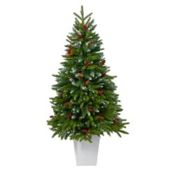 4.5ft. Pre-Lit Snow Tipped Portland Spruce Artificial Christmas Tree In White Metal Planter, Clear LED Lights 12 4.5ft. Pre-Lit Snow Tipped Portland Spruce Artificial Christmas Tree In White Metal Planter, Clear LED Lights -Northlight Shop D322685S 3