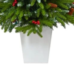 4.5ft. Pre-Lit Snow Tipped Portland Spruce Artificial Christmas Tree In White Metal Planter, Clear LED Lights 15 4.5ft. Pre-Lit Snow Tipped Portland Spruce Artificial Christmas Tree In White Metal Planter, Clear LED Lights -Northlight Shop D322685S 6