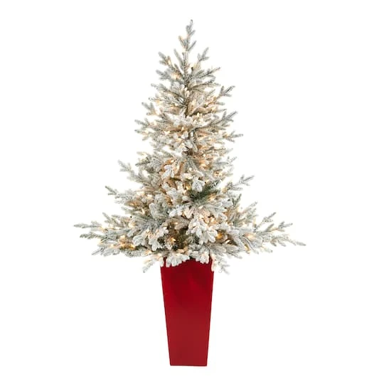 4.75ft. Pre-Lit Flocked Fraser Fir Artificial Christmas Treein Tower Planter, Warm White Lights 4 4.75ft. Pre-Lit Flocked Fraser Fir Artificial Christmas Treein Tower Planter, Warm White Lights - Image 2