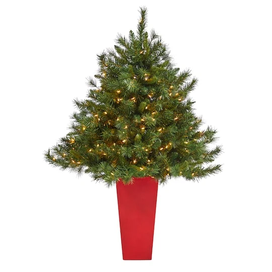 4.5ft. Pre-Lit Wyoming Mixed Pine Artificial Christmas Tree In Red Tower Planter, Clear Lights 3 4.5ft. Pre-Lit Wyoming Mixed Pine Artificial Christmas Tree In Red Tower Planter, Clear Lights