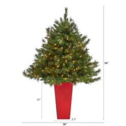 4.5ft. Pre-Lit Wyoming Mixed Pine Artificial Christmas Tree In Red Tower Planter, Clear Lights 11 4.5ft. Pre-Lit Wyoming Mixed Pine Artificial Christmas Tree In Red Tower Planter, Clear Lights -Northlight Shop D322753S 2