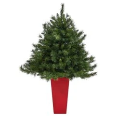 4.5ft. Pre-Lit Wyoming Mixed Pine Artificial Christmas Tree In Red Tower Planter, Clear Lights 12 4.5ft. Pre-Lit Wyoming Mixed Pine Artificial Christmas Tree In Red Tower Planter, Clear Lights -Northlight Shop D322753S 3