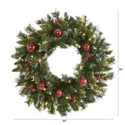 24" White LED Frosted Christmas Wreath With Ornaments & Berries -Northlight Shop D322795S 2