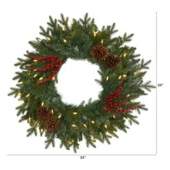 24" LED Green Pine Christmas Wreath With Berries & Pinecones -Northlight Shop D322796S 2