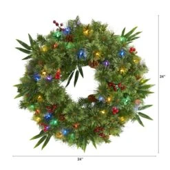 24" Multicolor LED Mixed Pine Christmas Wreath With Berries & Pinecones -Northlight Shop D322797S 2